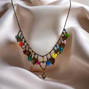 Multicolor Heart Charm Necklace Vintage Glass Works Color Glass & Brass